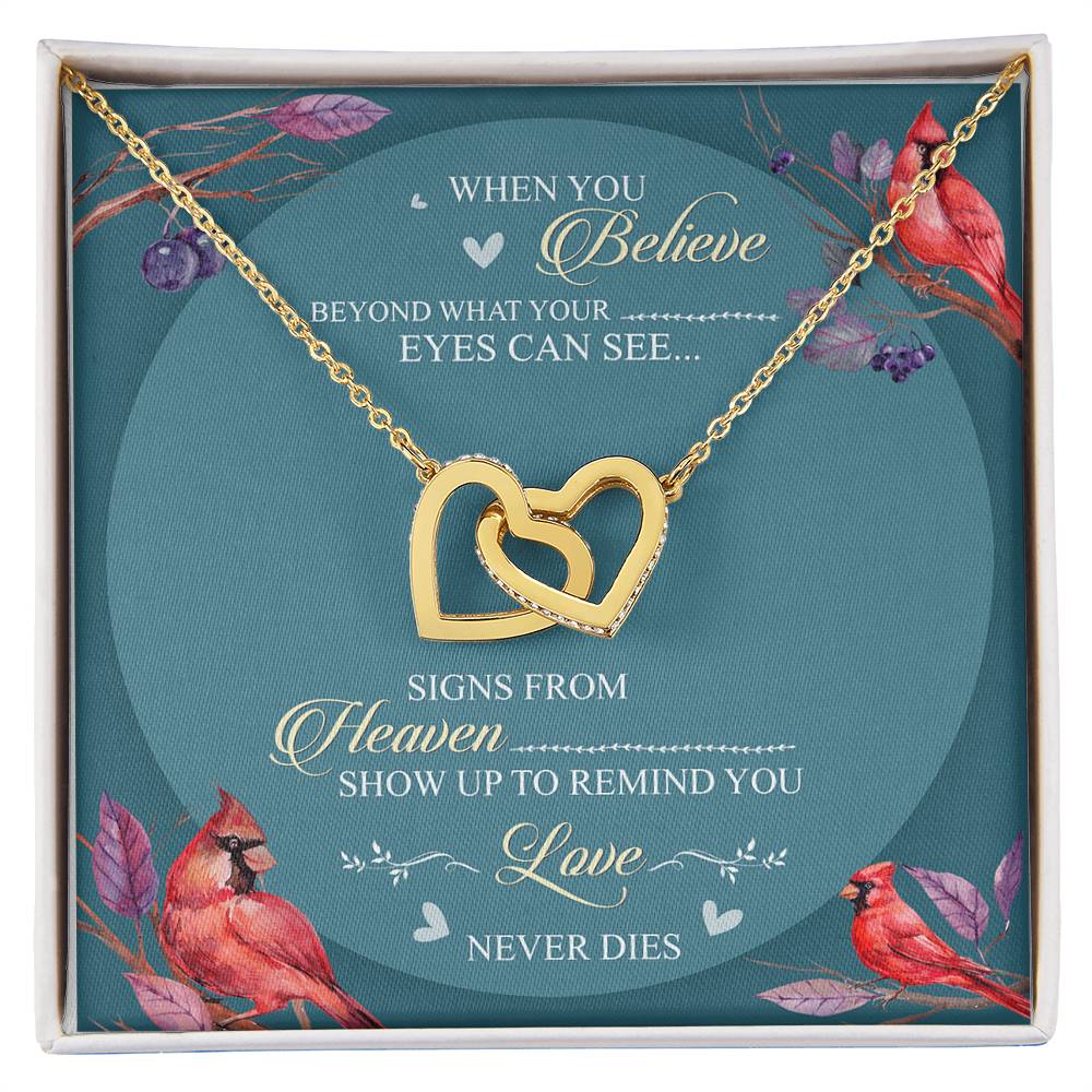 When You Believe Beyond What Your Eyes Can See Interlocking Hearts Necklace Cardinal Bird