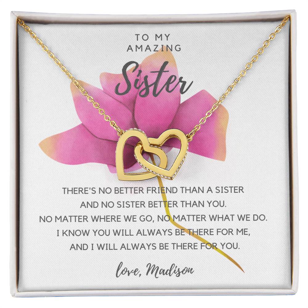 To My Amazing Sister - Pink Rose Interlocking Hearts Necklace