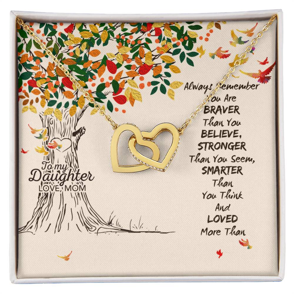 To My Daughter Love Mom Two Hearts Embellished With Cubic Zirconia Stones Interlocking Hearts Necklace