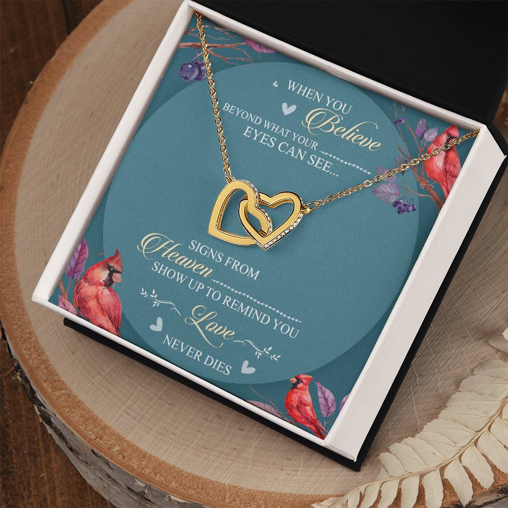 When You Believe Beyond What Your Eyes Interlocking Hearts Necklace Message Card