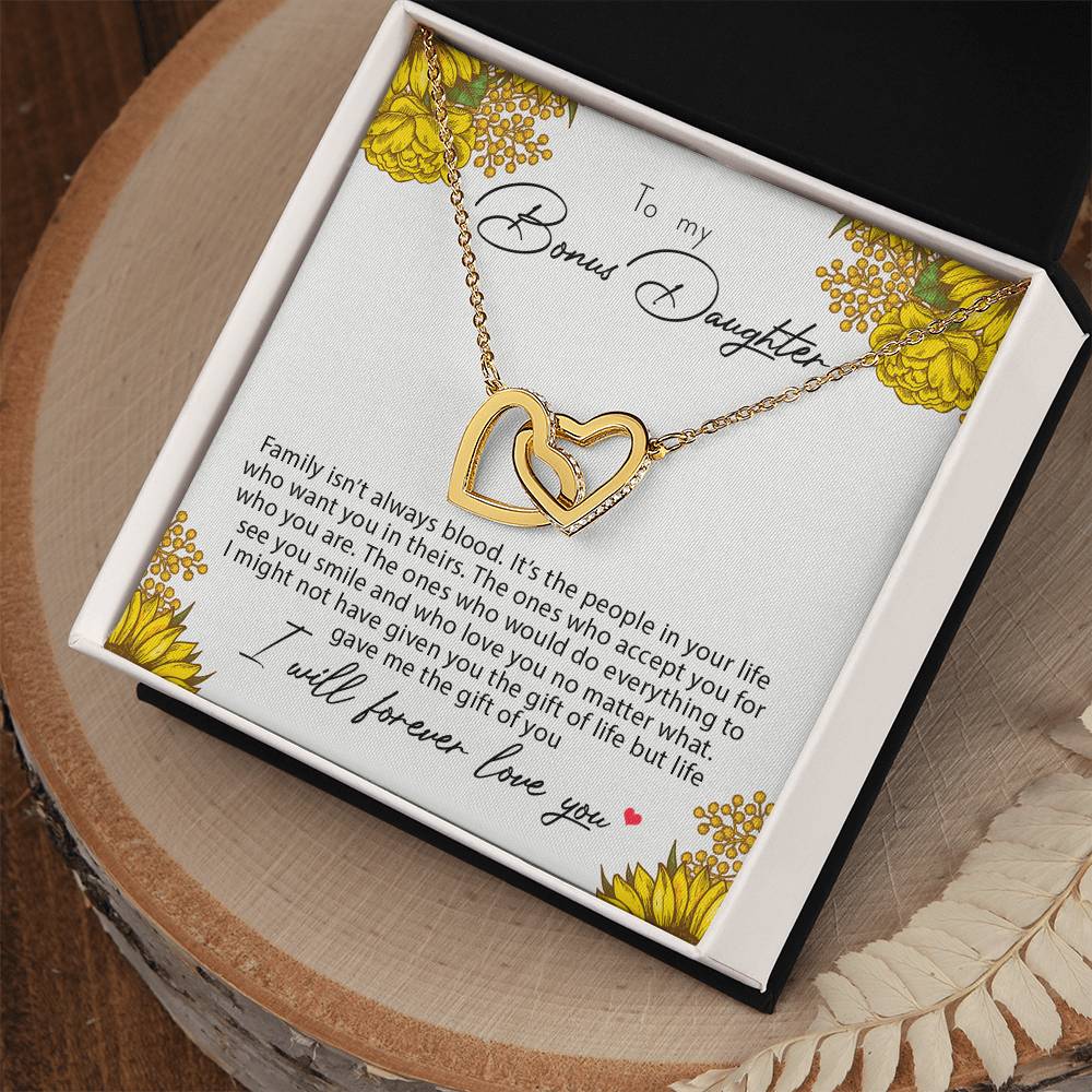 To My Bonus Daughter Family Isn'T Always Blood Interlocking Hearts Necklace