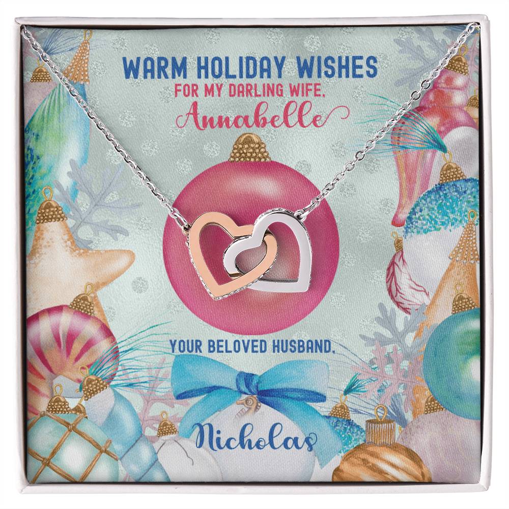 Husband To Wife - Warm Holiday Wishes Fully Customizable Christmas Gift - Personalized Interlocking Hearts Necklace