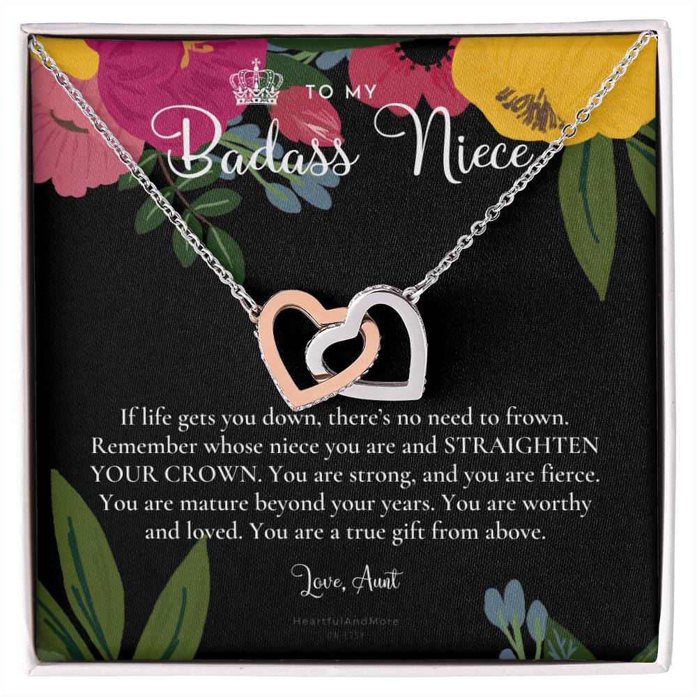 To My Badass Niece Straighten Your Crown Necklace Aunt Niece Necklace Niece Birthday Gift Niece Graduation Gift Interlocking Hearts Necklace