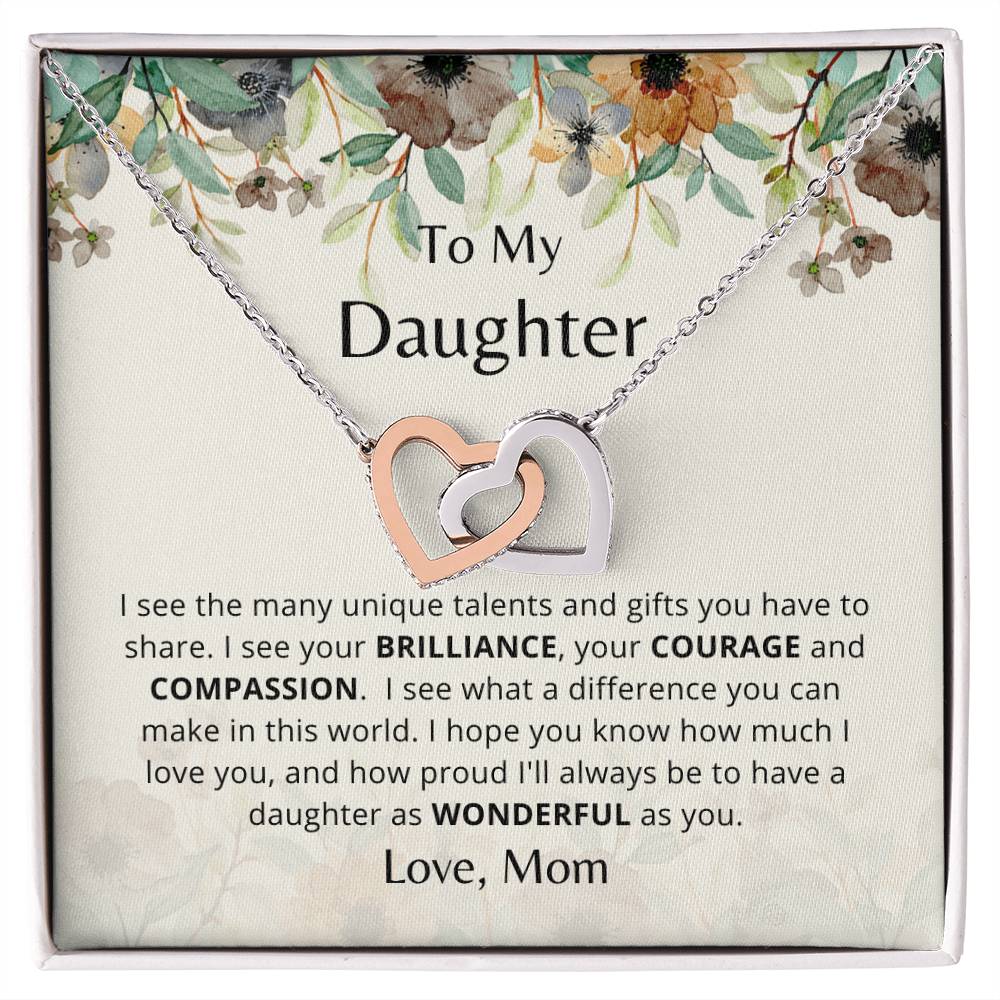 To My Daughter - As Wonderful As You - Necklace. Embellished With Cubic Zirconia Stones. Interlocking Hearts Necklace