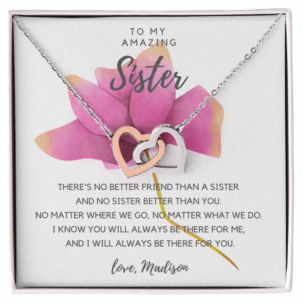 To My Amazing Sister - Pink Rose Interlocking Hearts Necklace