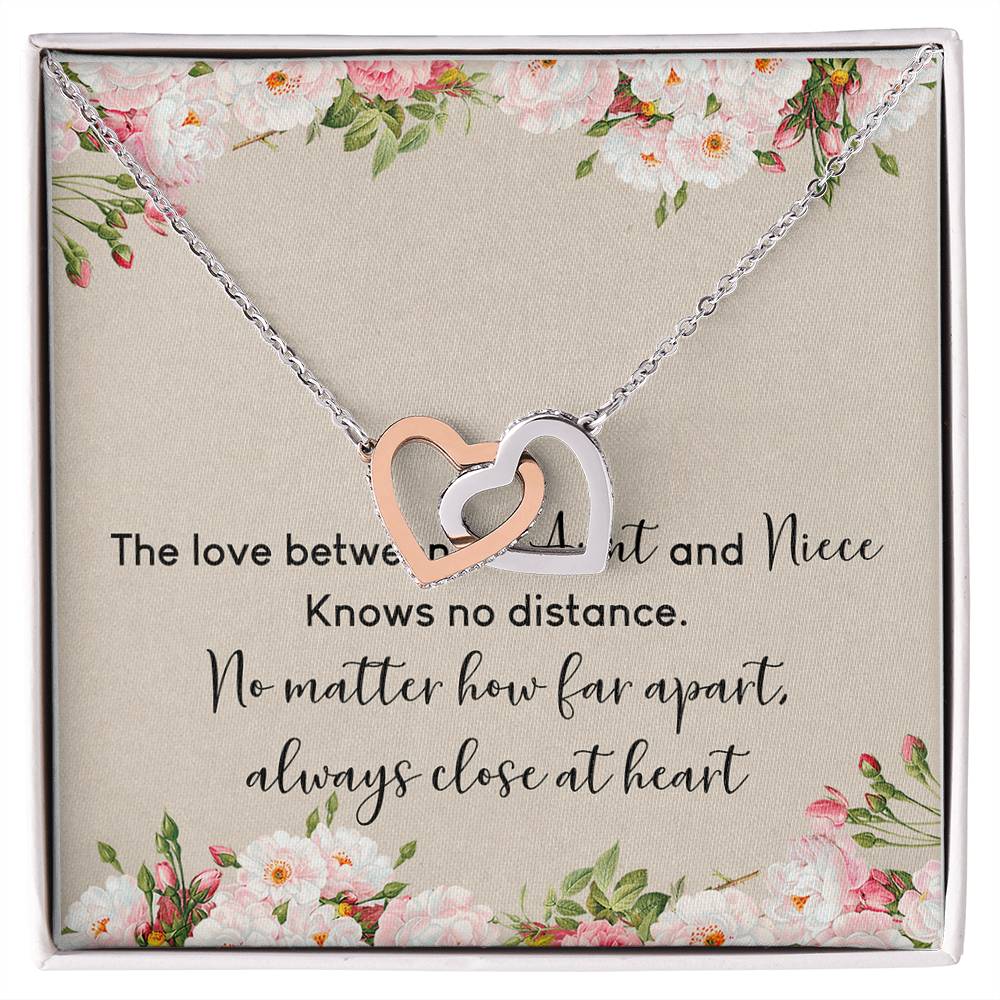 Aunt And Niece The Love No Distance Interlocking Hearts Necklace Birthday Message Card Gift