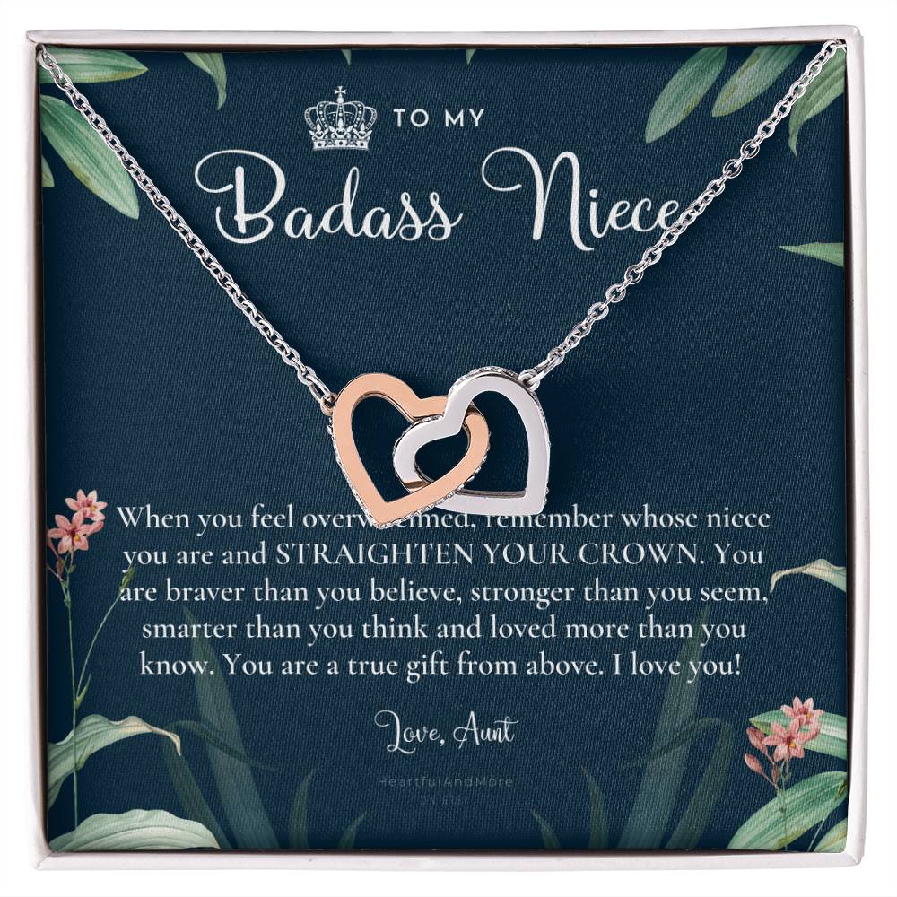 To My Badass Niece Straighten Your Crown Necklace Aunt Niece Necklace Niece Birthday Gift Niece Graduation Gift Interlocking Hearts Necklace