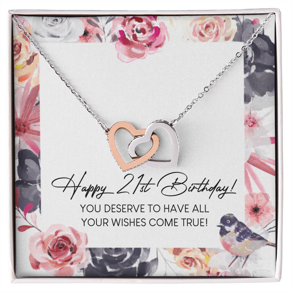 Happy 21St Birthday Interlocking Hearts Necklace Message Card