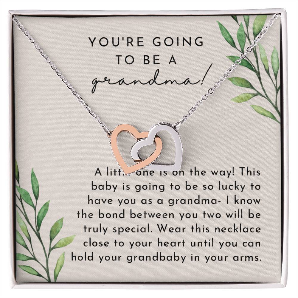 Grandma Baby Announcement L Neutral Leaves Final Interlocking Hearts Necklace