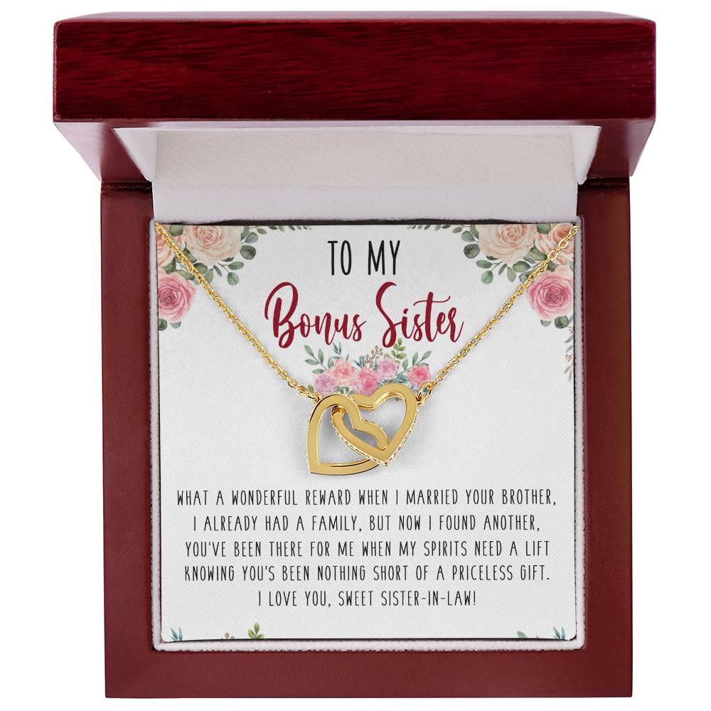 To My Bonus Sister Interlocking Hearts Necklace Message Card