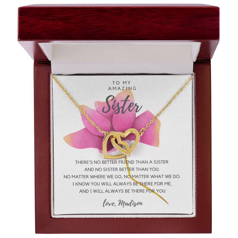 To My Amazing Sister - Pink Rose Interlocking Hearts Necklace