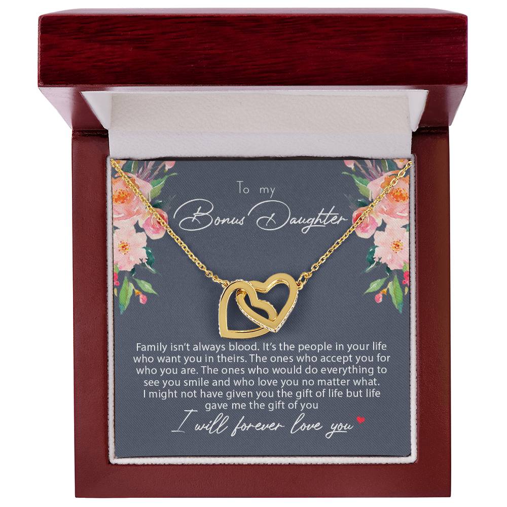 To My Bonus Daughter Family Isn'T Always Blood Interlocking Hearts Necklace