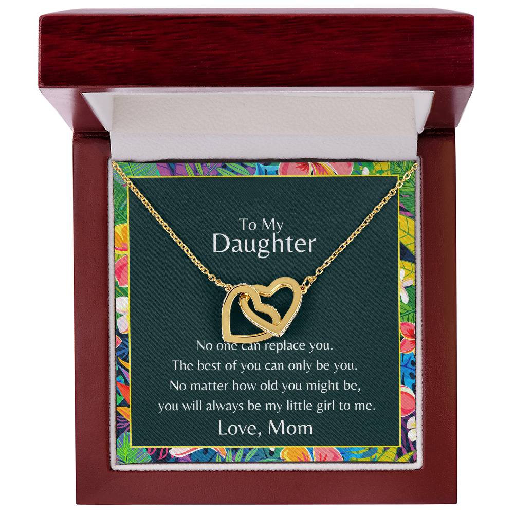 To My Daughter No One Can Replace You Necklace. Embellished With Cubic Zirconia Stones. Interlocking Hearts Necklace