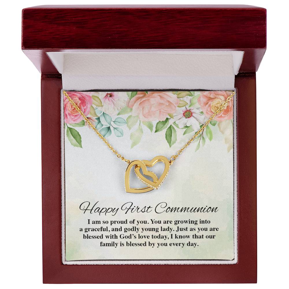 Happy First Communion Interlocking Hearts Necklace