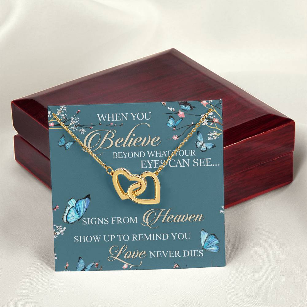 When You Believe Beyond What Your Eyes Interlocking Hearts Necklace Message Card
