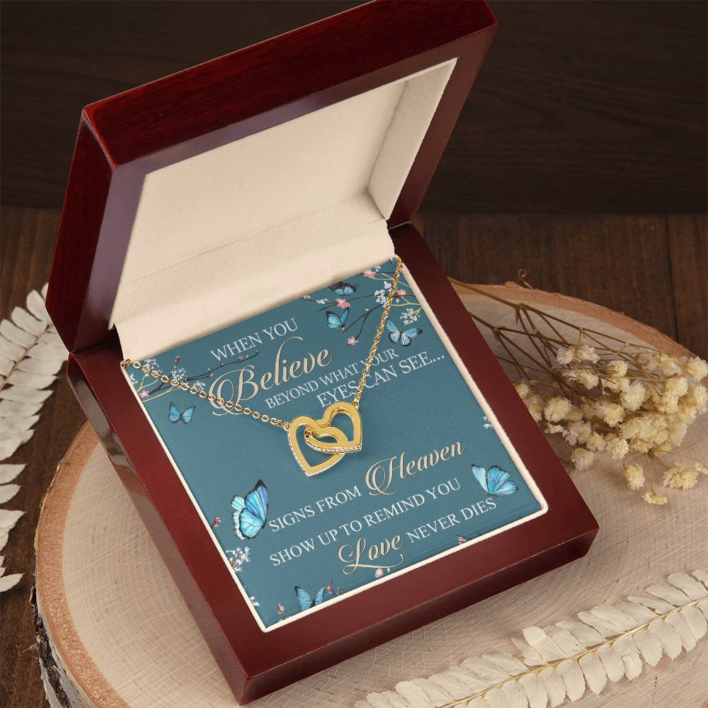When You Believe Beyond What Your Eyes Interlocking Hearts Necklace Message Card
