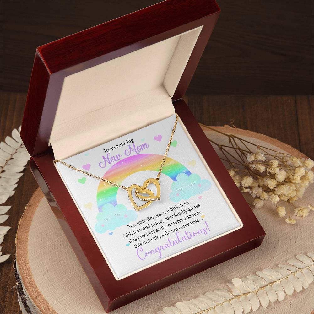 To An Amazing New Mom - Ten Little Fingers Ten Little Toes - Hearts Interlocking Hearts Necklace