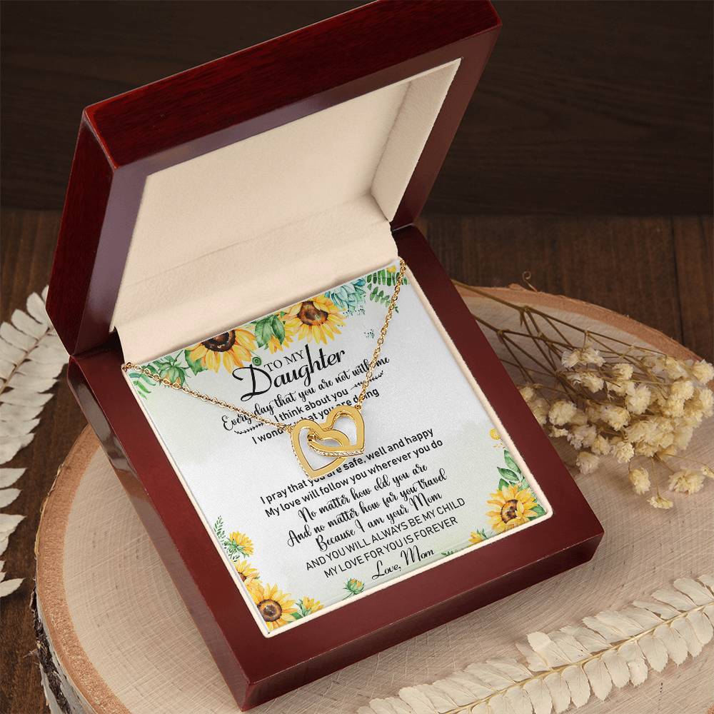 To My Daughter Sunflower Interlocking Hearts Necklace Birthday Message Card