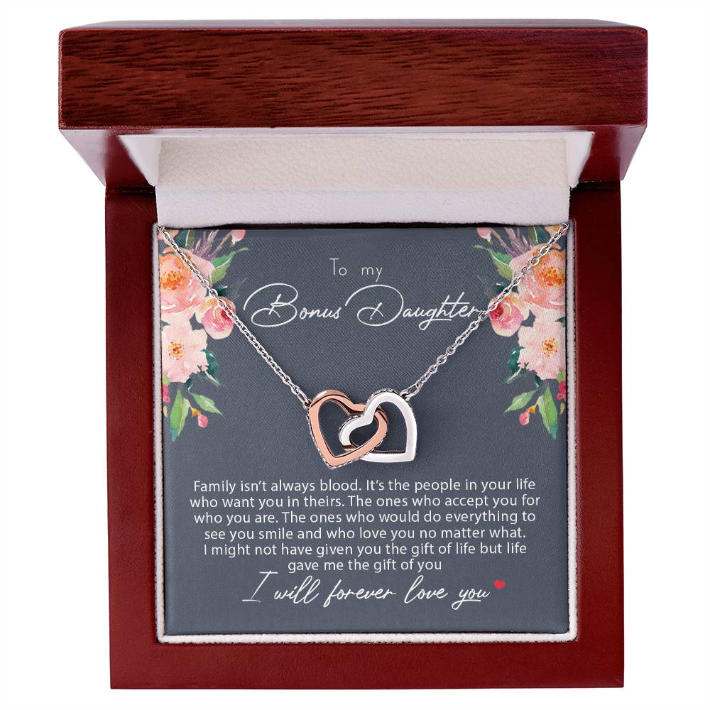 To My Bonus Daughter Family Isn'T Always Blood Interlocking Hearts Necklace
