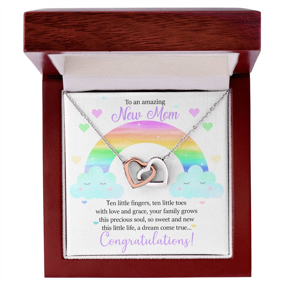 To An Amazing New Mom - Ten Little Fingers Ten Little Toes - Hearts Interlocking Hearts Necklace
