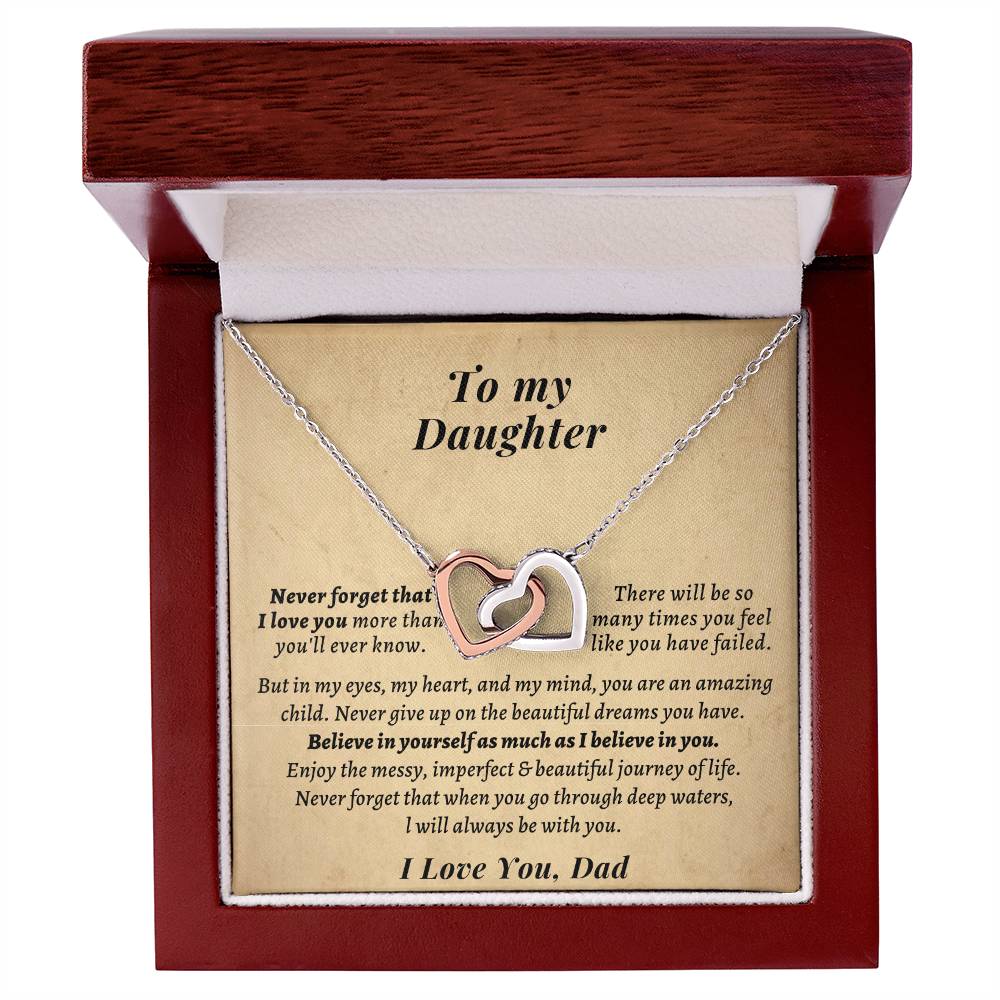 Gift For Daughter From Dad- Never Forget That When You Go Through Deep Watersl Will Always Be With You. Interlocking Hearts Necklace