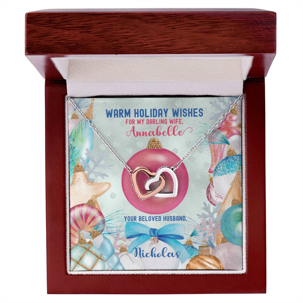 Husband To Wife - Warm Holiday Wishes Fully Customizable Christmas Gift - Personalized Interlocking Hearts Necklace