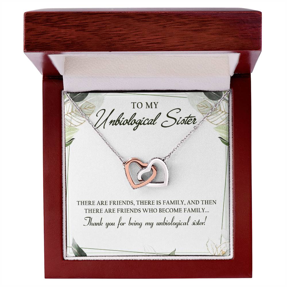 To My Unbiological Sister Interlocking Hearts Necklace Message Card