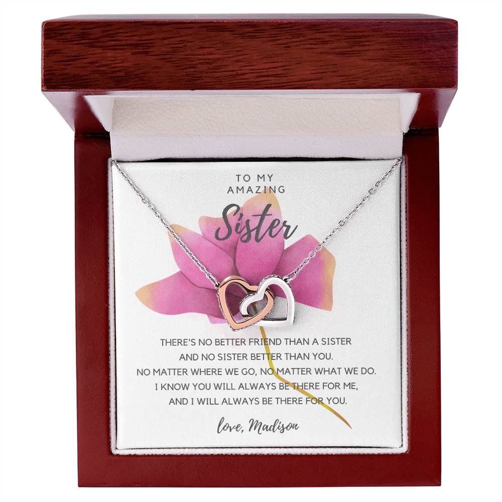 To My Amazing Sister - Pink Rose Interlocking Hearts Necklace