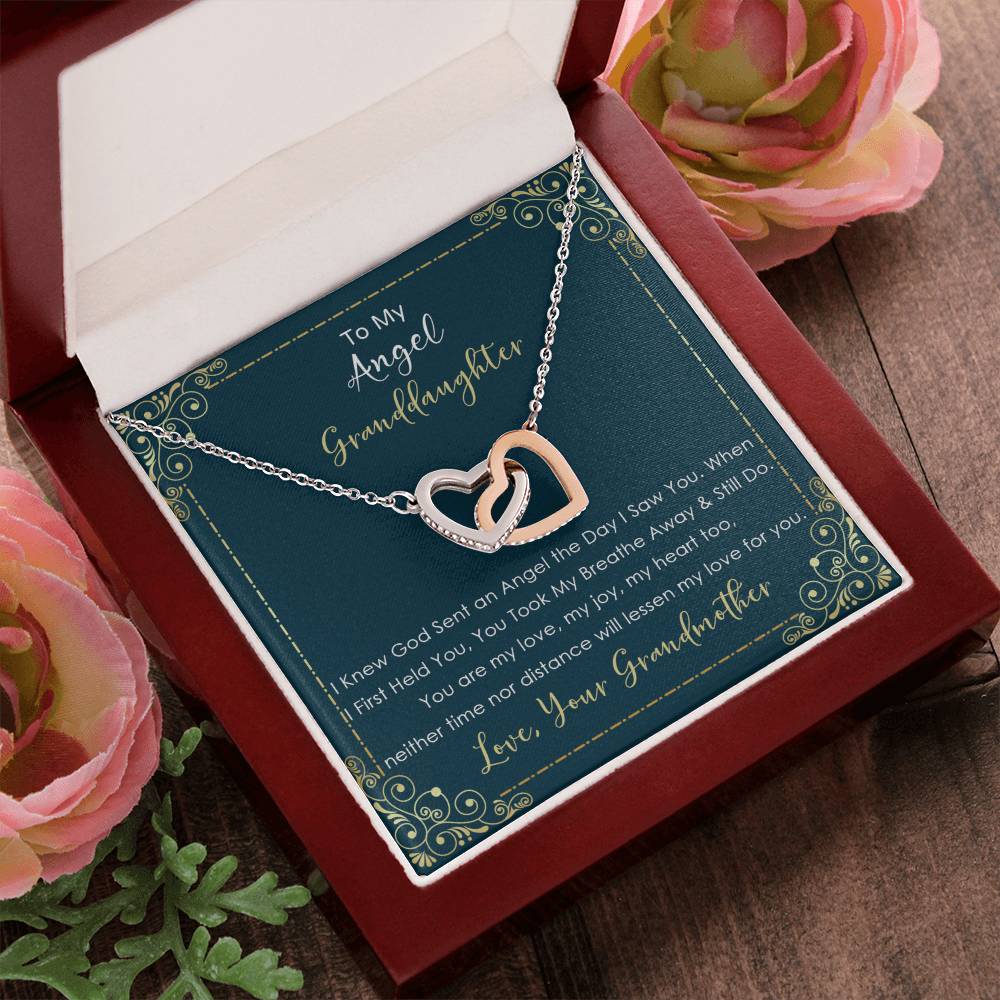 To My Angel Granddaughter - Neither Time Nor Distance Will Lessen My Love For You - Necklace Interlocking Hearts Necklace