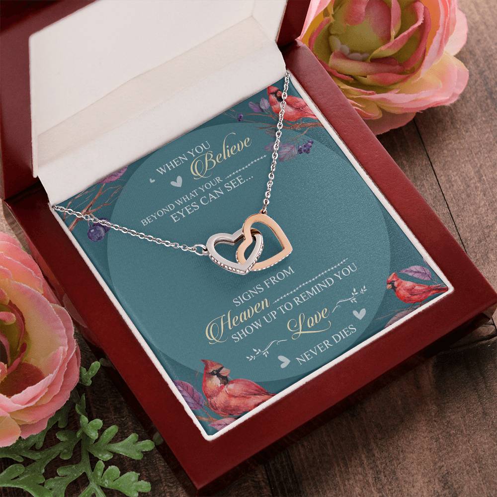 When You Believe Beyond What Your Eyes Interlocking Hearts Necklace Message Card
