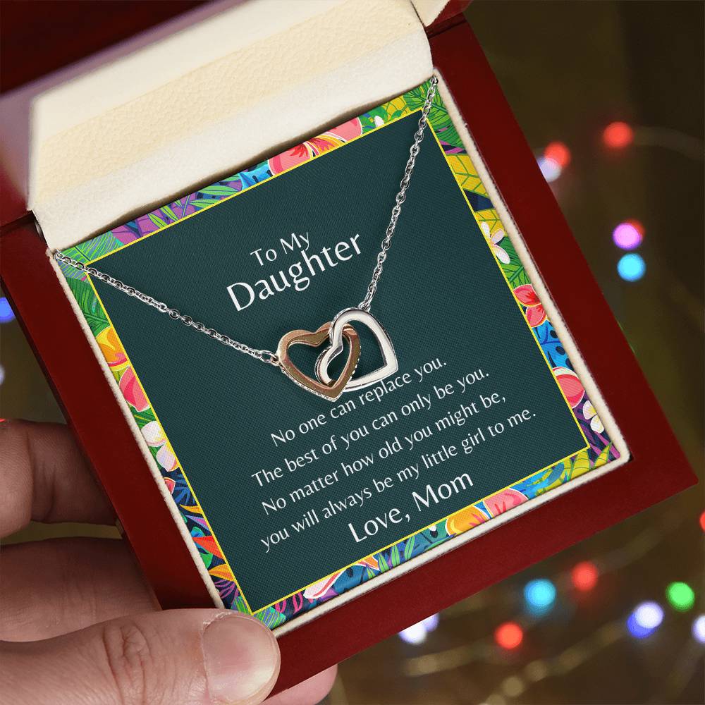 To My Daughter No One Can Replace You Necklace. Embellished With Cubic Zirconia Stones. Interlocking Hearts Necklace