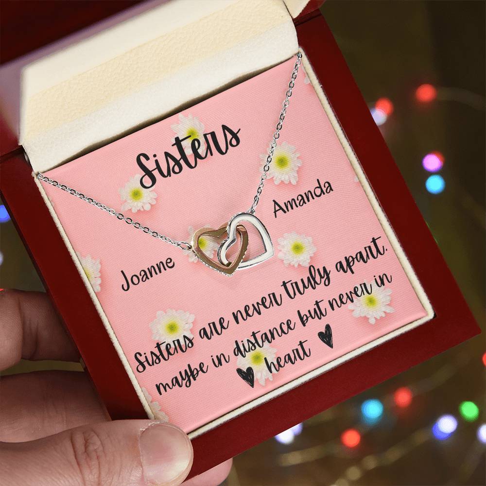 Sisters - Interlocking Necklace - Daisy Background - Personalized Interlocking Hearts Necklace