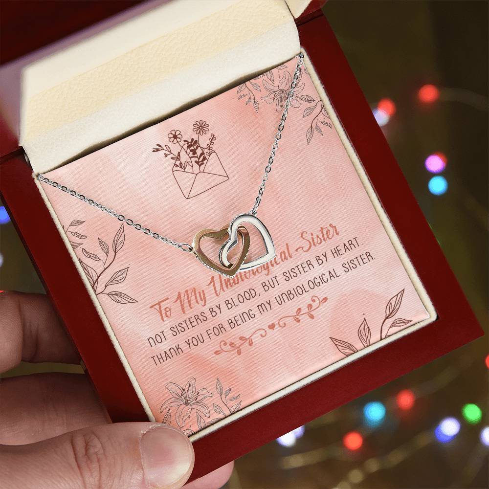 To My Unbiological Sister Interlocking Hearts Necklace Message Card
