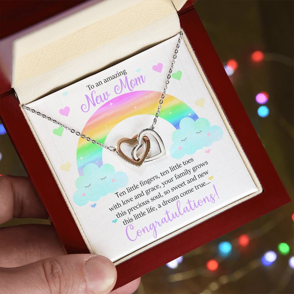 To An Amazing New Mom - Ten Little Fingers Ten Little Toes - Hearts Interlocking Hearts Necklace