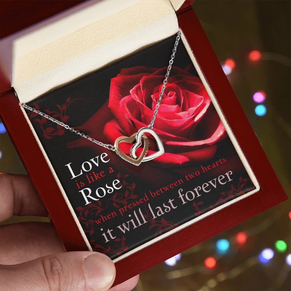 Love Is Like A Rose Designed To Be Beautiful Whether For Valentine Birthday Or Just Because. With Gift Box As Standard Or Upgrade To Our Mahogany Box. Interlocking Hearts Necklace
