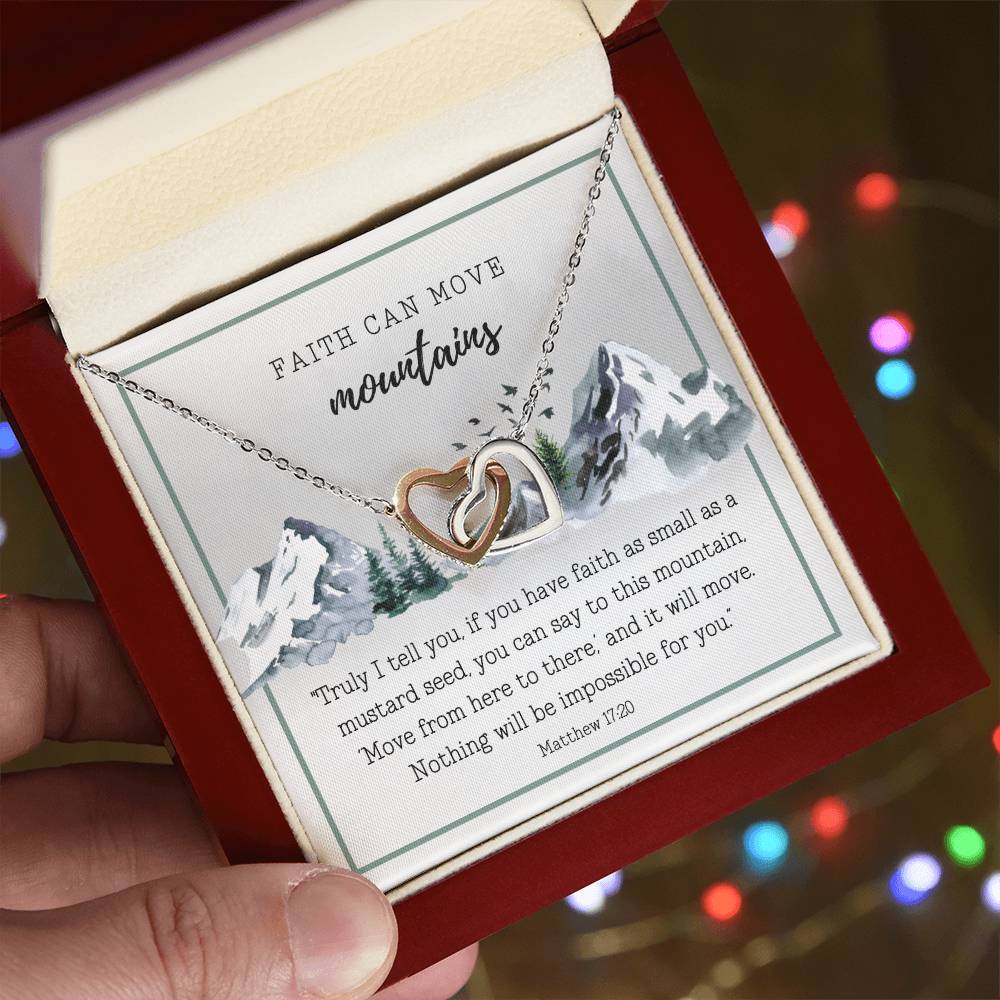 Scripture Encouragement Interlocking Hearts Necklace Matthew 1720 Winter Mountains