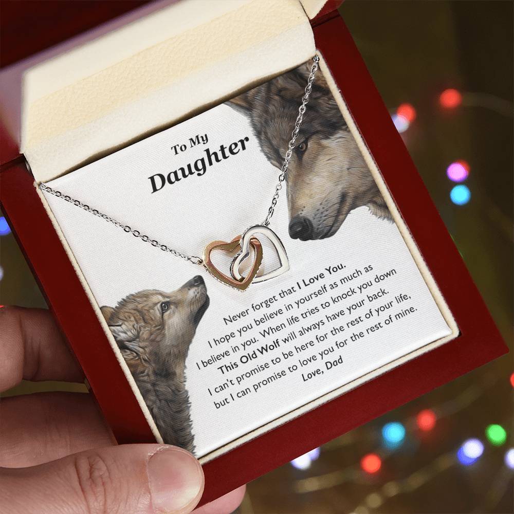 My Daughter This Old Wolf Will Always Have Your Back Interlocking Hearts Necklace