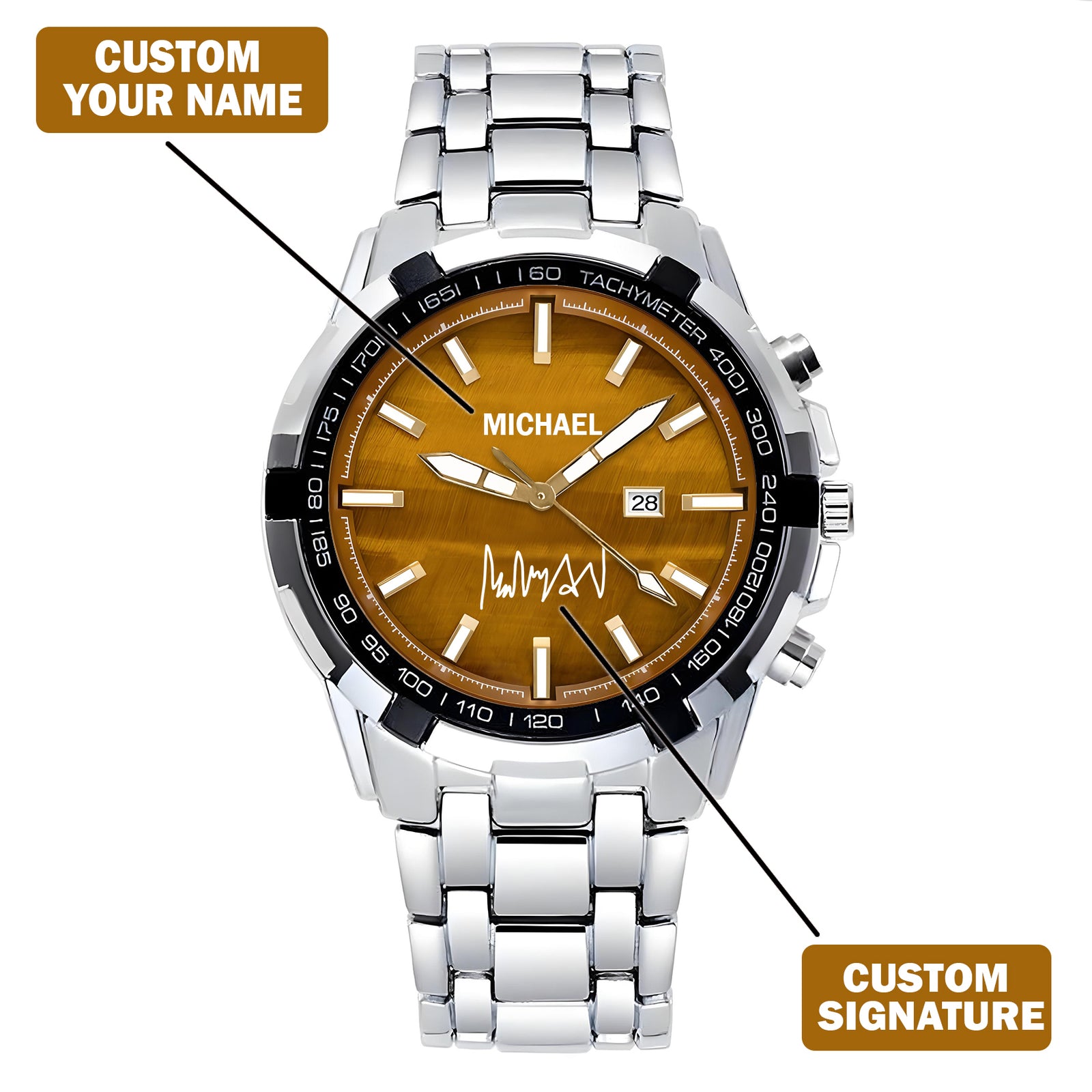 Custom Wrist Watches For Men - Tiger's Eye Brown Dial