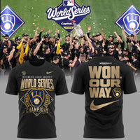 Milwaukee Won Our Way Gold Swoosh Black Baseball T-Shirt