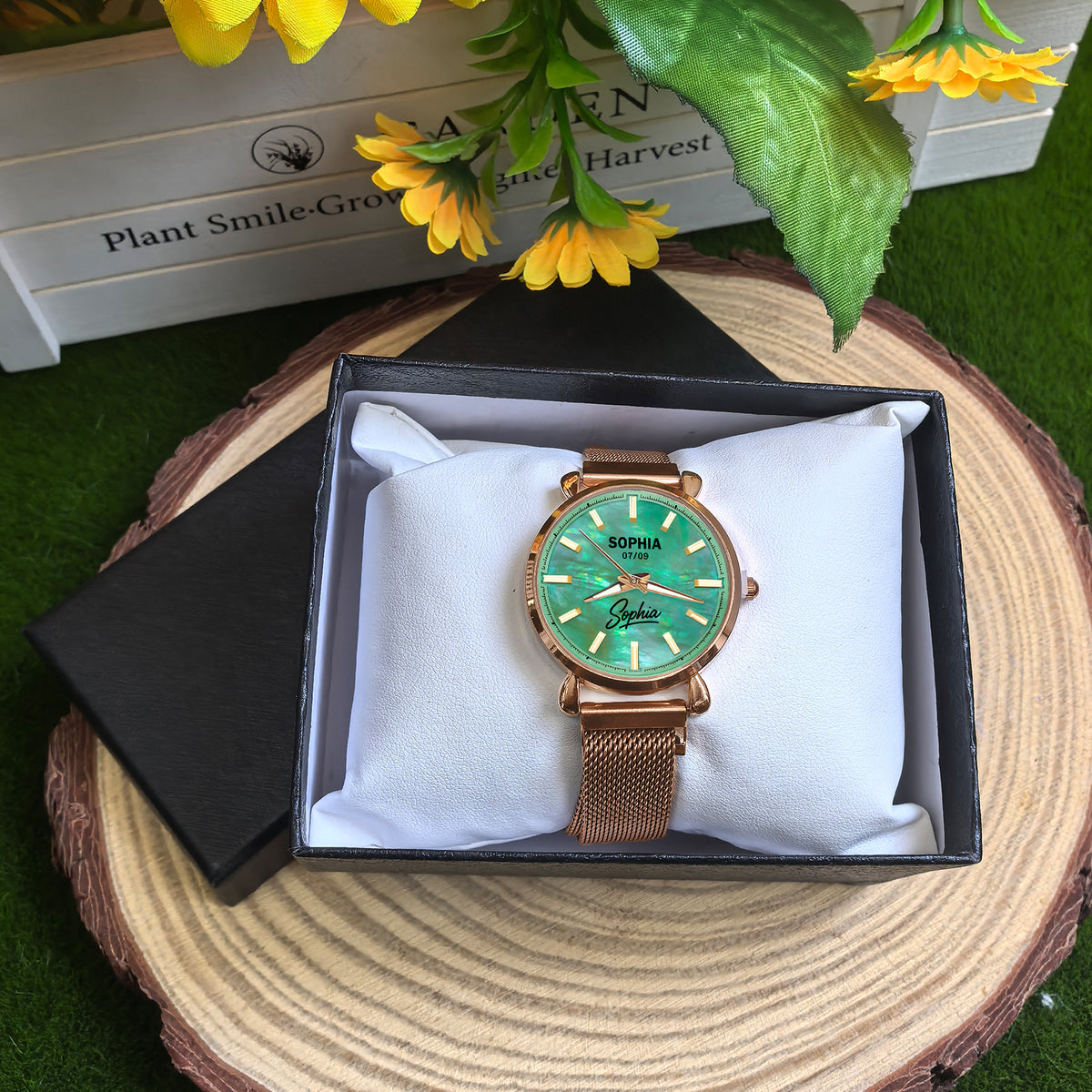 Custom Wrist Watches For Ladies - Green Mother Of Pearl Dial - Rose Gold Watches For Ladies