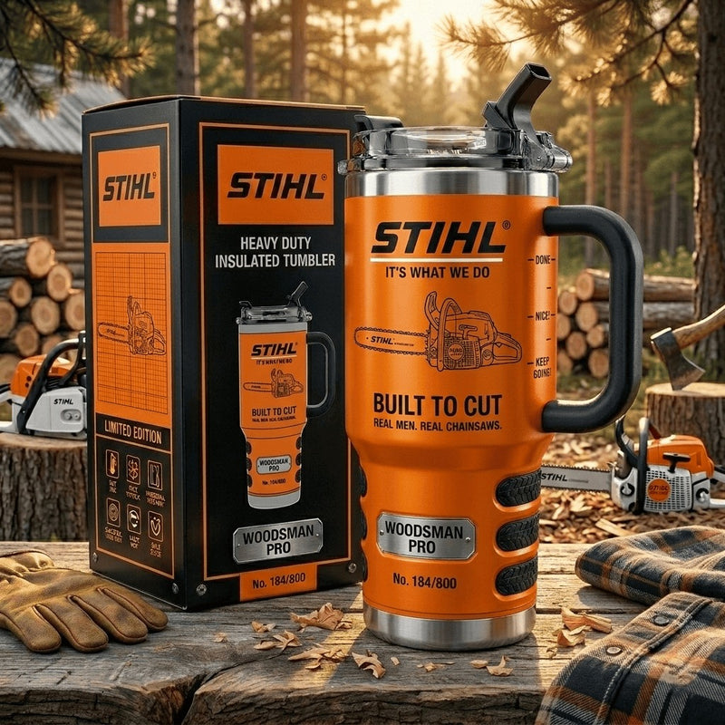 Orange Chainsaw Woodcutter Tumbler With Handle