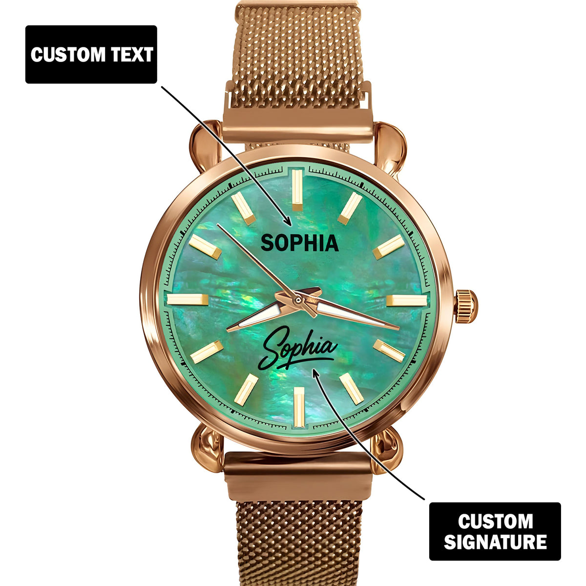 Custom Wrist Watches For Ladies - Green Mother Of Pearl Dial - Rose Gold Watches For Ladies