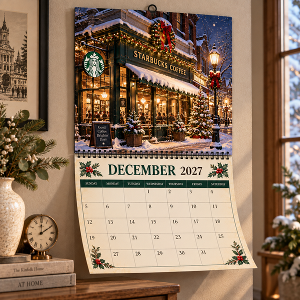 Cozy Coffee Shop Christmas 2027 Wall Calendar - On Wall