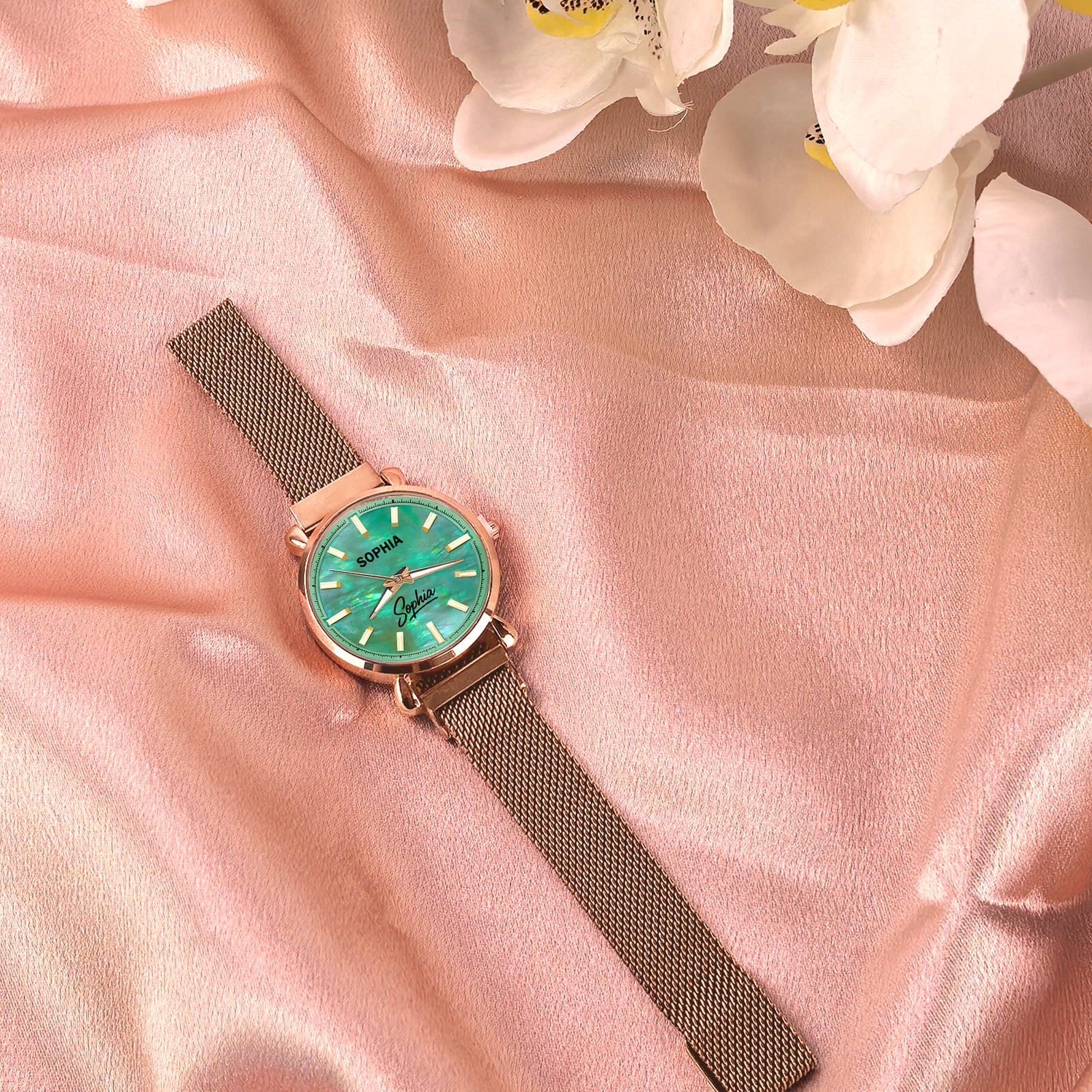 Custom Wrist Watches For Ladies - Green Mother Of Pearl Dial - Rose Gold Watches For Ladies