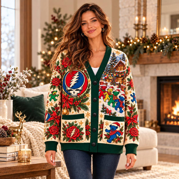 Psychedelic Rose Christmas Cardigan - On Model Front