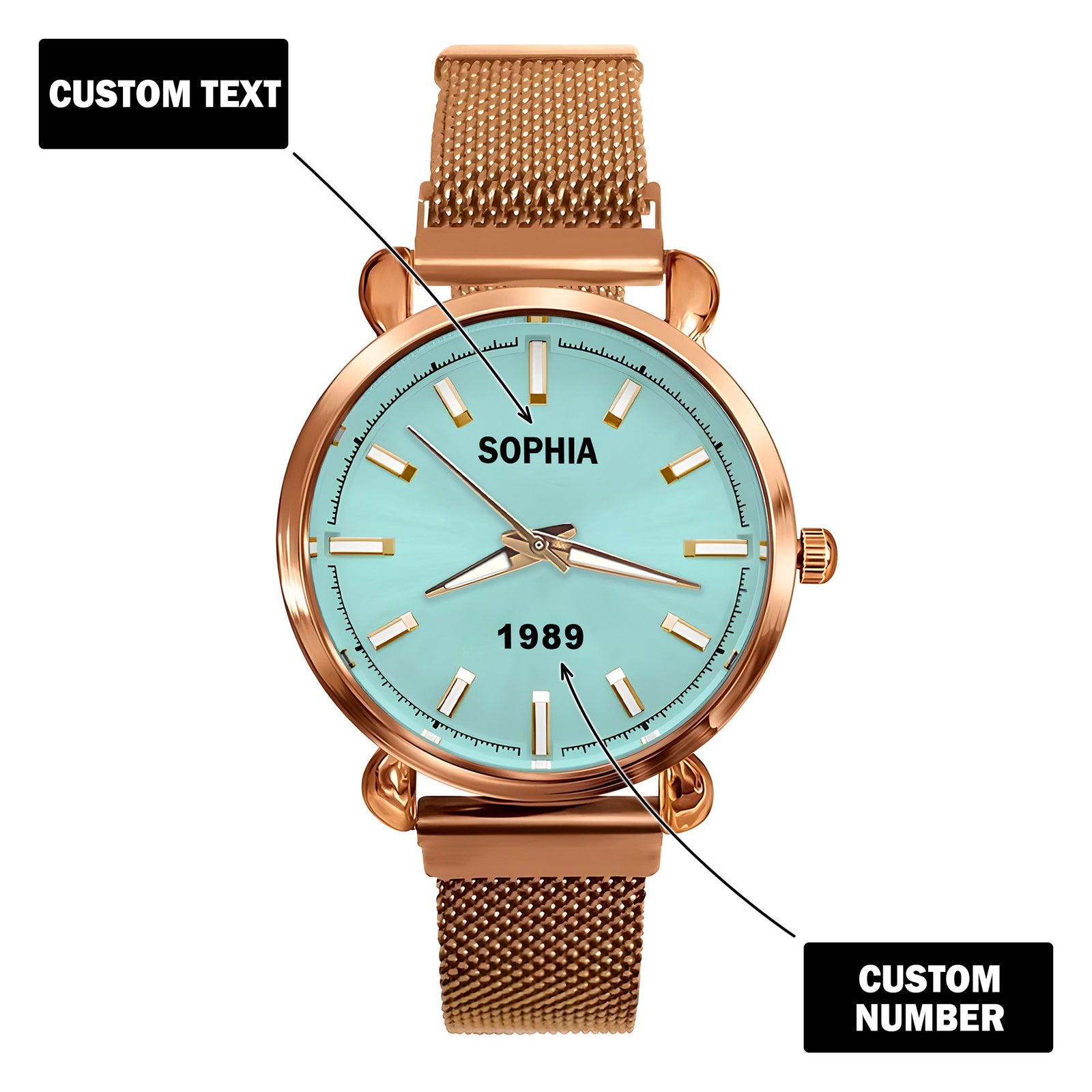 Custom Wrist Watches For Ladies - Turquoise Blue Dial - Rose Gold Watches For Ladies