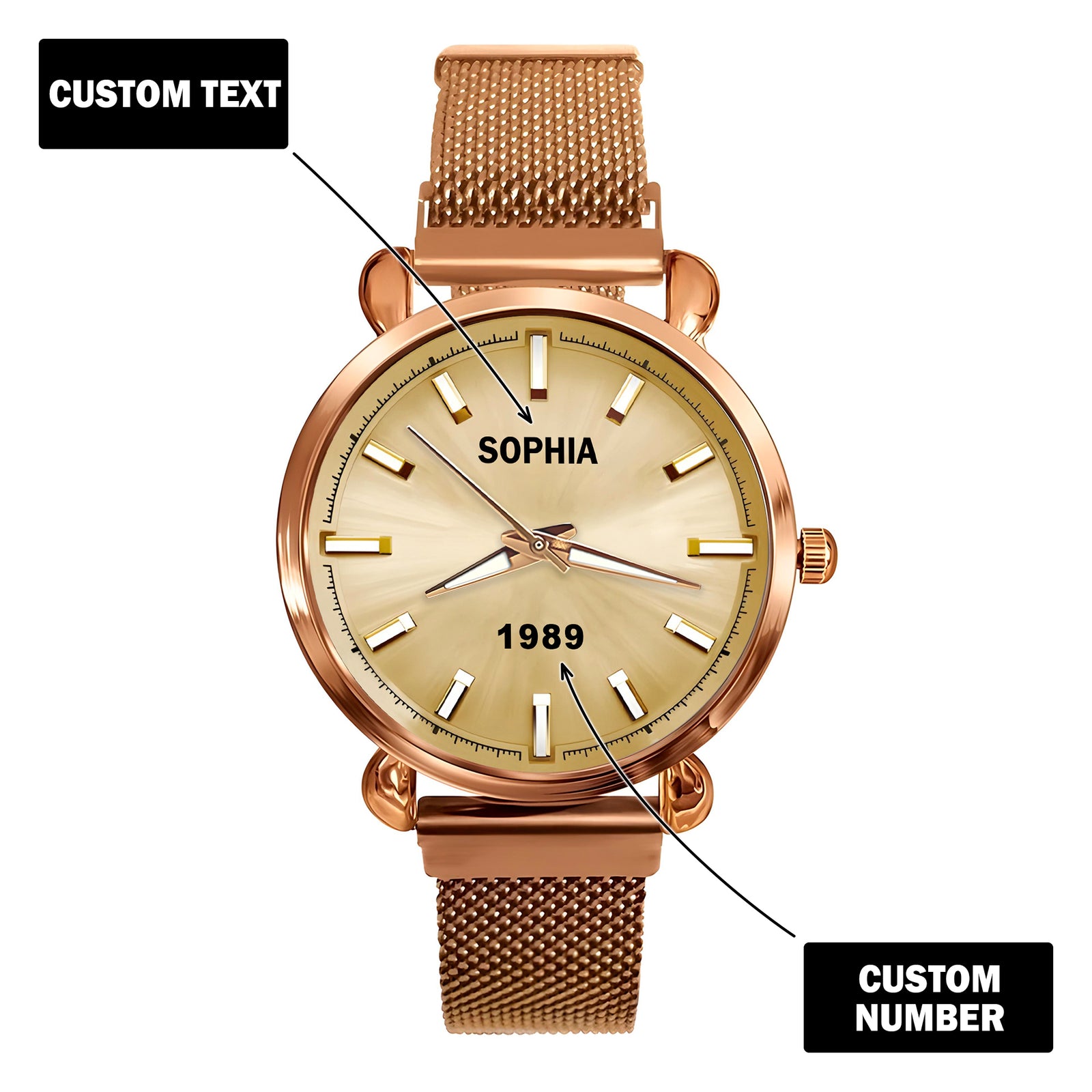 Custom Wrist Watches For Ladies - Champagne Gold Dial - Rose Gold Watches For Ladies