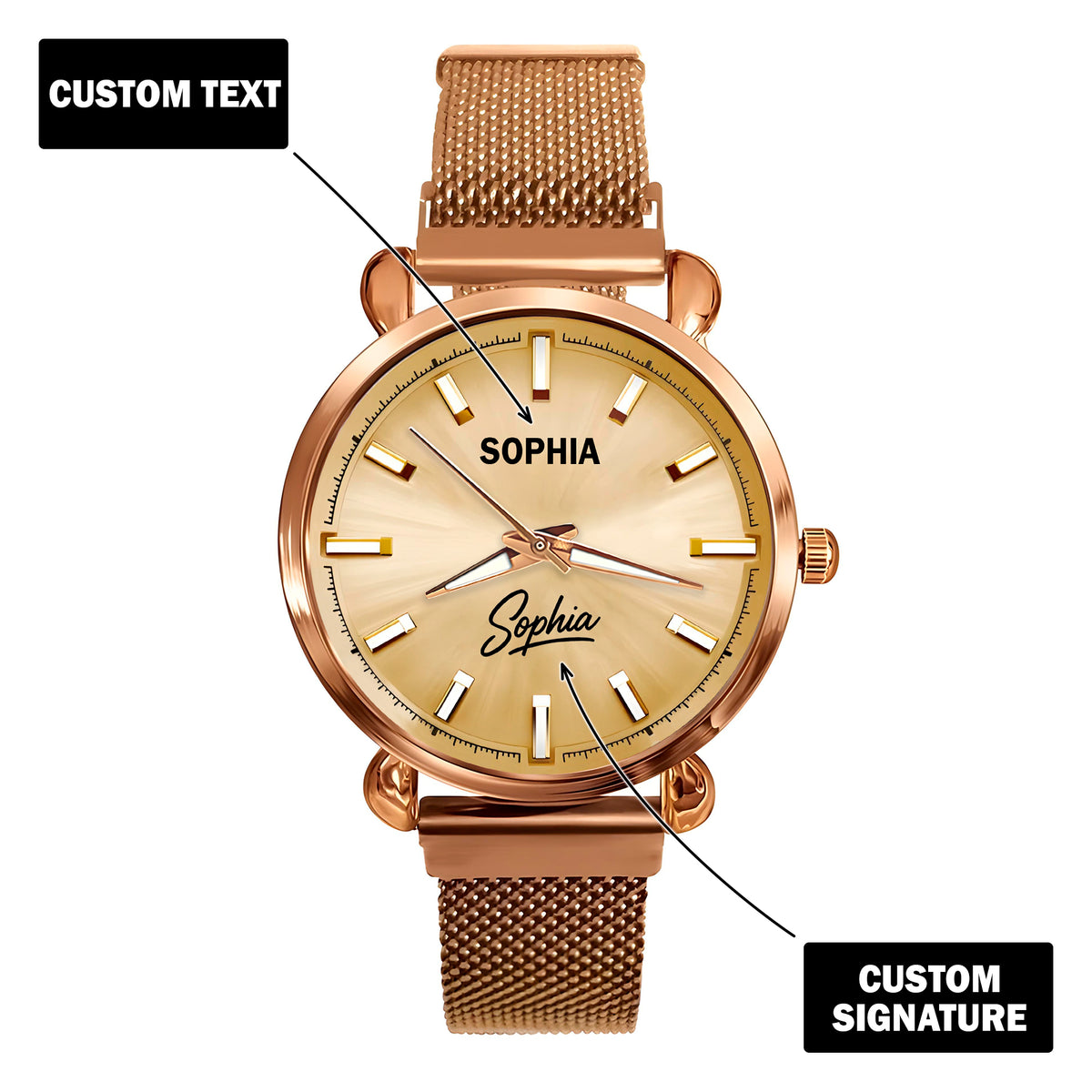 Custom Wrist Watches For Ladies - Champagne Gold Dial - Rose Gold Watches For Ladies