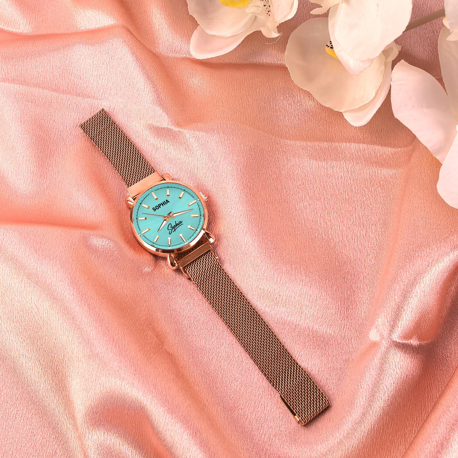 Custom Wrist Watches For Ladies - Turquoise Blue Dial - Rose Gold Watches For Ladies