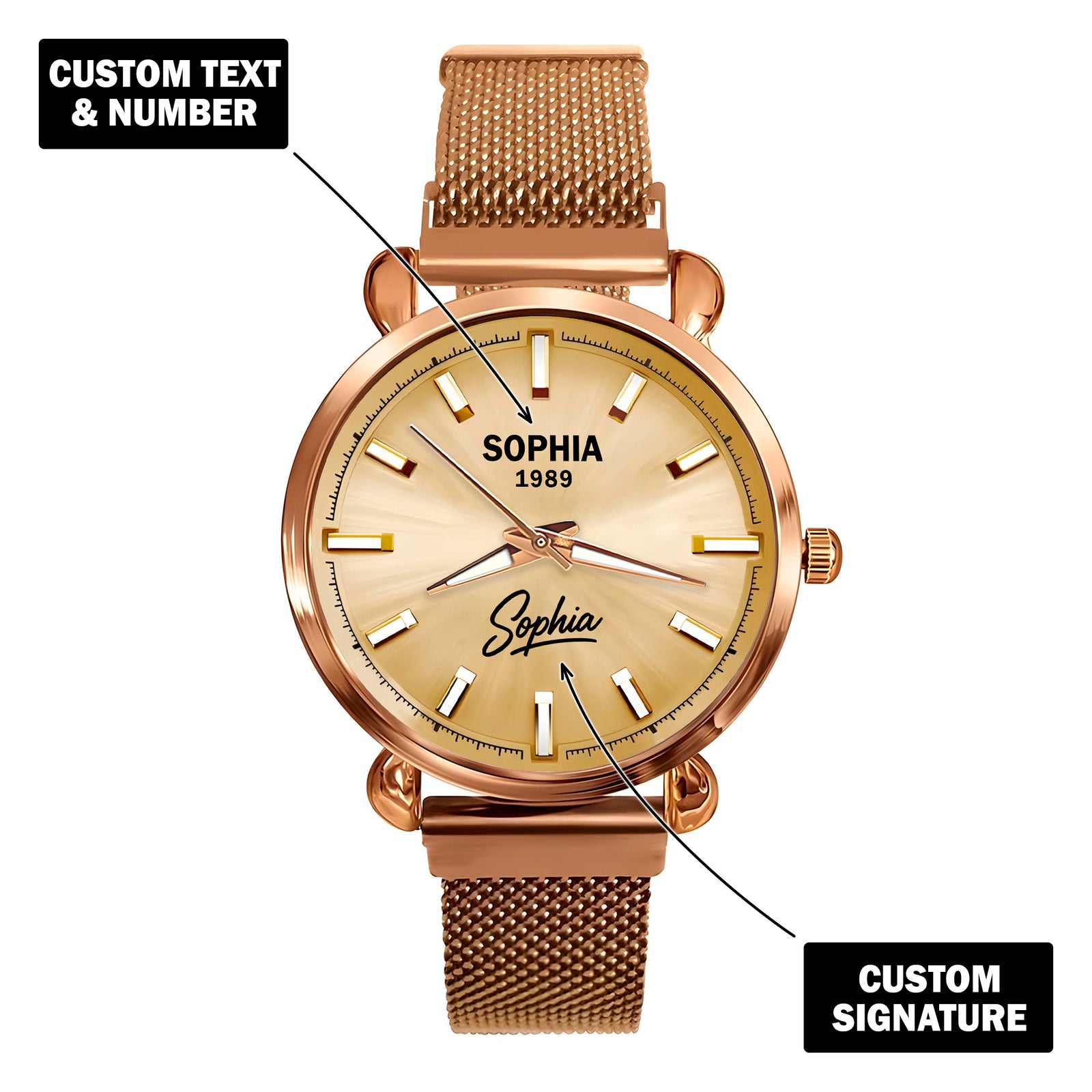 Custom Wrist Watches For Ladies - Champagne Gold Dial - Rose Gold Watches For Ladies